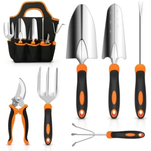 AKTECKE Garden Tool Set, Stainless Steel Heavy Duty Gardening Tool Set, with Non-Slip Rubber Grip, Storage Tote Bag, Outdoor Hand Tools, Ideal Garden Tool Kit Gifts