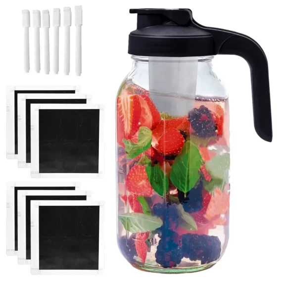 TINANA Cold Brew Coffee Maker, 64 oz Wide Mouth Mason Jar Pitcher with Stainless Steel Filter, Pour Spout Handle Lid, Heavy Duty Glass Airtight & Leak-Proof Pitcher for Iced Brew Coffee & Tea Lemonade