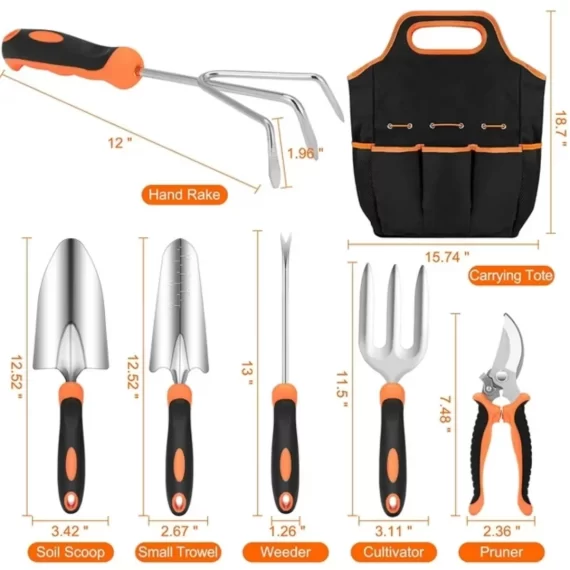 AKTECKE Garden Tool Set, Stainless Steel Heavy Duty Gardening Tool Set, with Non-Slip Rubber Grip, Storage Tote Bag, Outdoor Hand Tools, Ideal Garden Tool Kit Gifts