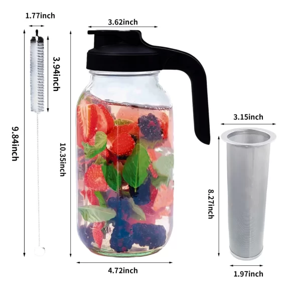 TINANA Cold Brew Coffee Maker, 64 oz Wide Mouth Mason Jar Pitcher with Stainless Steel Filter, Pour Spout Handle Lid, Heavy Duty Glass Airtight & Leak-Proof Pitcher for Iced Brew Coffee & Tea Lemonade