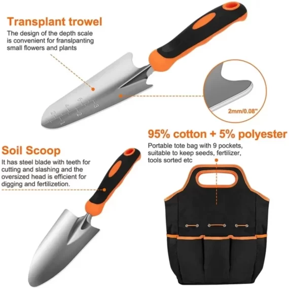 AKTECKE Garden Tool Set, Stainless Steel Heavy Duty Gardening Tool Set, with Non-Slip Rubber Grip, Storage Tote Bag, Outdoor Hand Tools, Ideal Garden Tool Kit Gifts