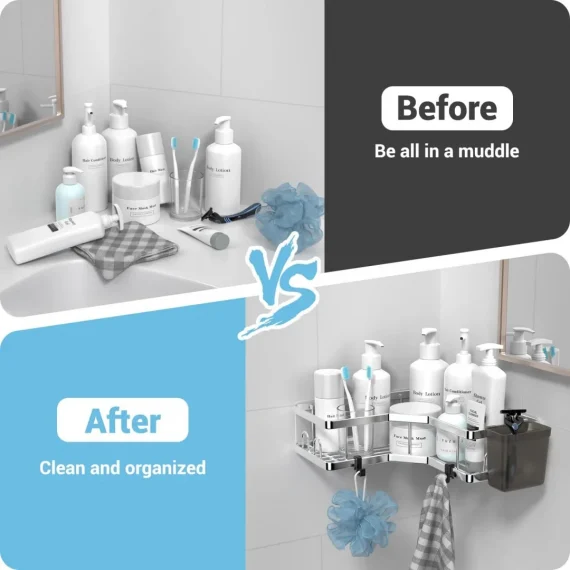 AKTECKE Corner Shower Caddy Shelf Rack: 2 Pack Adhesive Shower Organizer Essentials - No Drilling Stainless Steel Shower Storage Rack
