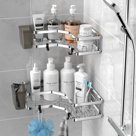 AKTECKE Corner Shower Caddy Shelf Rack: 2 Pack Adhesive Shower Organizer Essentials - No Drilling Stainless Steel Shower Storage Rack