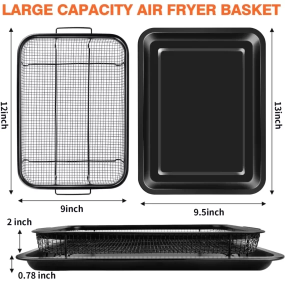 Air Fryer Basket For Oven, TINANA 9.5"X13" Stainless Steel Air Fryer Tray, Crisper Tray Non-Stick Oven Baking Tray with Elevated Mesh, 2 in 1 Bakeware Set - Black