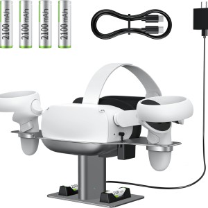 Aluminum Alloy VR Headset Fast Charging Station Dock Stand for Oculus Quest 2 Meta Quest 2, [Support Elite Strap with Battery] with 4 Rechargeable Batteries and USB C Charger