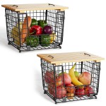 TINANA Stackable Fruit Baskets with Bamboo Top: 2 Pack Pantry Organizer for Kitchen Counter, Storage Wire Organizing Basket for Fruit, Vegetable, Bread- Black