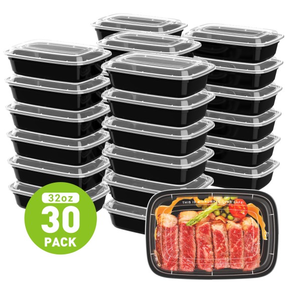TINANA Meal Prep Containers with Lids: 30 Pack Plastic Containers,32 oz Meal Prep Lunch Box, Take Out Containers,Food Storage Bento Box,Microwavable Freezer Safe