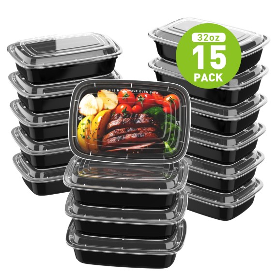 TINANA Meal Prep Containers with Lids: 15 Pack Plastic Containers,32 oz Meal Prep Lunch Box, Take Out Containers,Food Storage Bento Box,Microwavable Freezer Safe