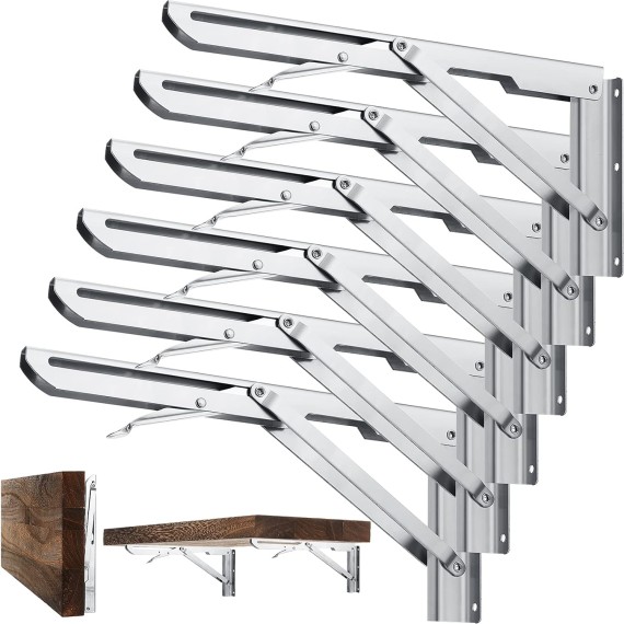 TINANA 6 Pcs 20 Inch Folding Shelf Brackets, Heavy Duty Stainless Steel Collapsible Wall Mounted, Folding Shelf Support Brackets Space Saving for Livingroom Kitchen Table Desk Bench Home DIY