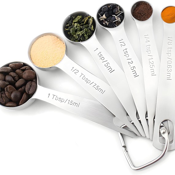 TINANA Measuring Spoons Set Stainless Steel - Set of 6 Stacking Metal Small Teaspoons Tablespoons - 1/8 TSP, 1/4 TSP, 1/2 TSP, 1 TSP, 1/2 Tbsp, 1Tbsp - Coffee Spice Jars Scoop for Liquid Ingredient