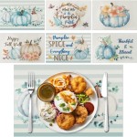 TINANA 12PCS Fall Placemats Thanksgiving Blue Pumpkin Polka Dot Maple Leaf Placemat Happy Fall Yall Table Mat Washable Rustic Linen Place Mat for Autumn Harvest Theme Party Dining Decor 18 x 12 in