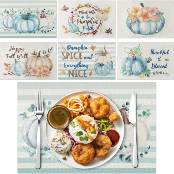 TINANA 12PCS Fall Placemats Thanksgiving Blue Pumpkin Polka Dot Maple Leaf Placemat Happy Fall Yall Table Mat Washable Rustic Linen Place Mat for Autumn Harvest Theme Party Dining Decor 18 x 12 in