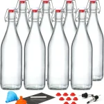 Swing Top Glass Bottles 8 Pack, 8.5 oz Flip Top Beer Brewing Bottle, Airtight Stopper Cap Lid, Bonus 2 Bottle Pourer for 2nd Fermentation, Kombucha, Kefir, Vanilla Extract, Coquito, Juice, Tea