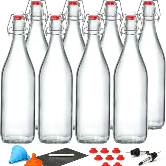 Swing Top Glass Bottles 8 Pack, 8.5 oz Flip Top Beer Brewing Bottle, Airtight Stopper Cap Lid, Bonus 2 Bottle Pourer for 2nd Fermentation, Kombucha, Kefir, Vanilla Extract, Coquito, Juice, Tea