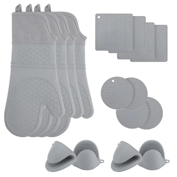 Oven Mitts and Hot Pads Sets, 8Pcs Extra Long Silicone Oven Gloves with Non Slip Heat Resistant Hot Trivet Mats and Cooking Pinch Mitts Pot Holders Set for Baking Cooking