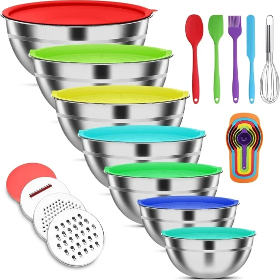 Mixing Bowls with Lids, 7PCS Stainless Steel Mixing Bowls Set, Metal Nesting Mixing Bowls for Kitchen, Great for Prep, Baking, Serving