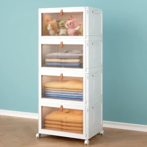 Plastic Storage Bins with Lids, 4 Tier 124QT Stackable Storage Containers with Wheels, Folding Closet Organizers for Living Room, Office, Dorm