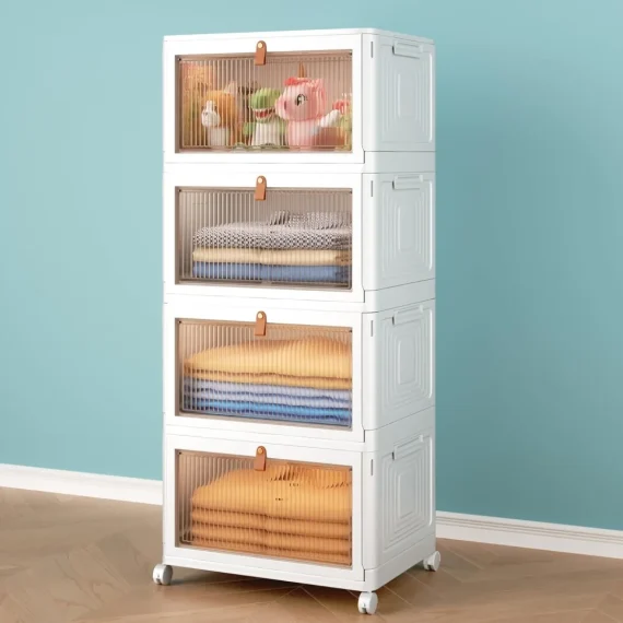 Plastic Storage Bins with Lids, 4 Tier 124QT Stackable Storage Containers with Wheels, Folding Closet Organizers for Living Room, Office, Dorm