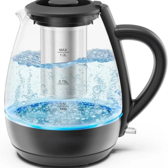 Electric Glass Kettle, Boiling Water Pot, Borosilicate Glass Electric Tea Kettle with Stainless Steel Removable Infuser, Auto Shut Off, Boil and Dry Protection