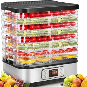 Food Dehydrator, Freeze Dryer Machine with 6 Stainless Steel Trays, Best Timer Temperature Control Machine at Home for Jerky, Herbs, Dog Treats, Meat, Fruit and Yogurt, Dark Gray