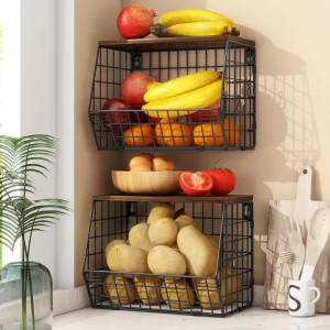 Stackable Fruit Baskets with Bamboo Top, 2 Pack Pantry Organizer for Kitchen Counter, Storage Wire Organizing Basket for Fruit, Vegetable, Bread